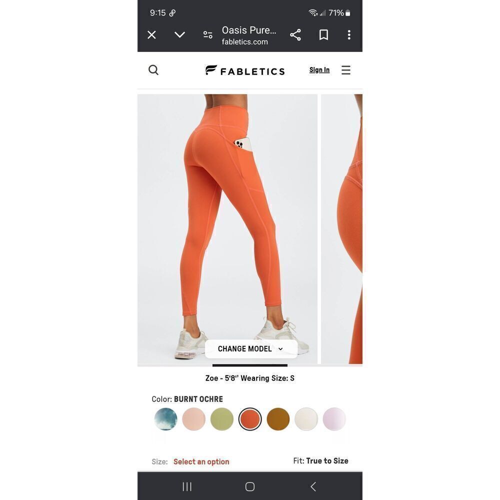 New XS Fabletics Burnt Ochre The Oasis PureLux High Waist Leggings NWOT